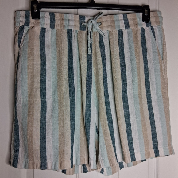 Denim&Co Pants - Naturals Drawstring Linen-Blend Shorts in Teal, Beige & White Stripes Sz XL